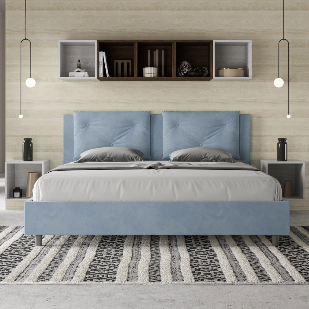 BS COM Letto matrimoniale king size con rete imbottito 200x210 microfibra azzurro