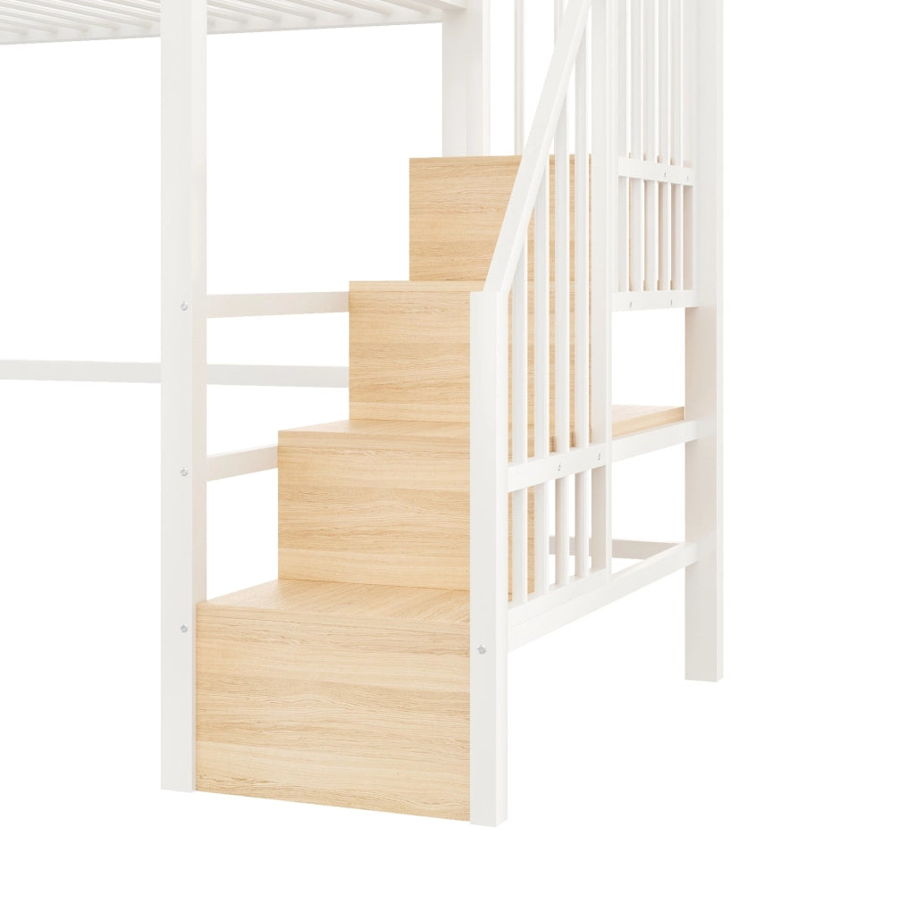 Letto a soppalco 90x200 cm con LED; scala contenitore; metallo e MDF; bianco