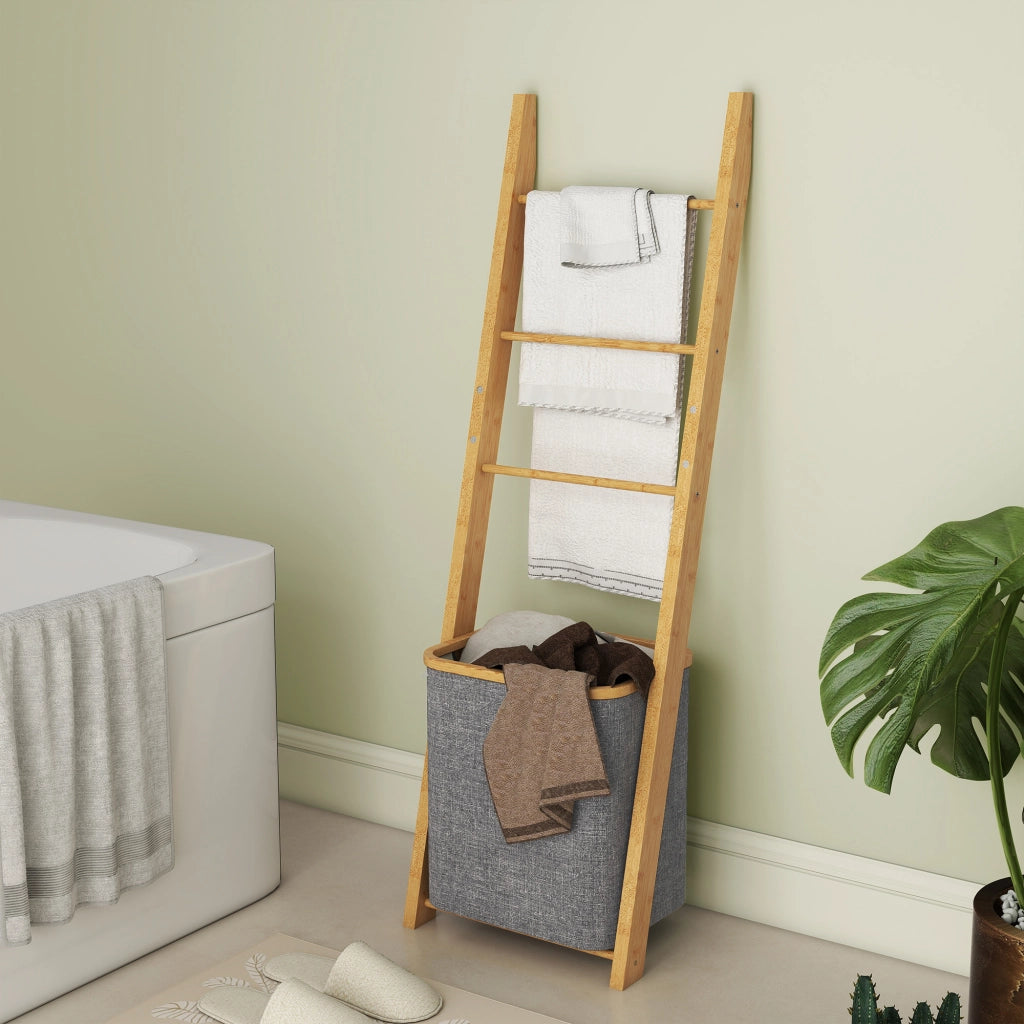 Mobile da Bagno in Bamb¨´ con 3 Sbarre e Cesto Lavanderia ¨C Zephmum ¨C Grigio 48L