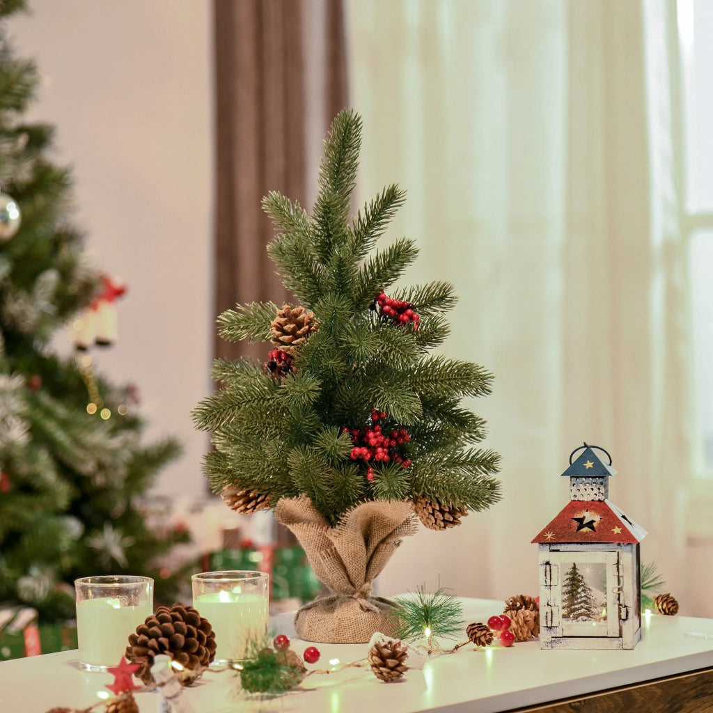 Albero di Natale artificiale verde 50 cm con 55 rami, bacche rosse e pigne, base in cemento Ø28 × 50 cm