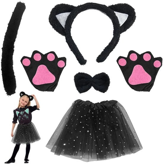 Set di cosplay gatto nero - costume gatto - tutu/mini gonna - guanti con artigli - collare/bracciale gatto - piuma morbida/polyester