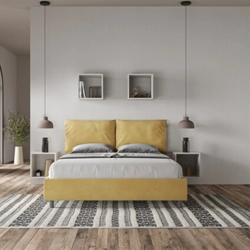 Letto matrimoniale con rete imbottito 160x200 microfibra ocra Antea