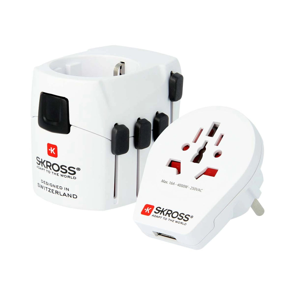 Adattatore da viaggio mondiale a 3 poli con porta USB 12W 2,4A Bianco Skross
