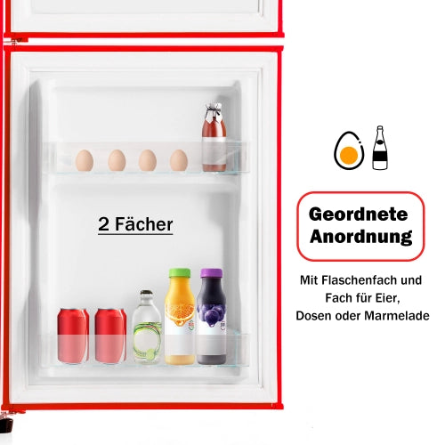 Frigorifero retro; congelatore; doppia porta; volume totale 60L; scompartimento congelatore da 22L; luce LED; efficiente energetico; rosso