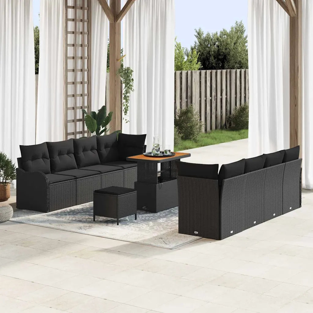 Set Divano da Giardino con cuscino 11 pcs Nero polyrattan