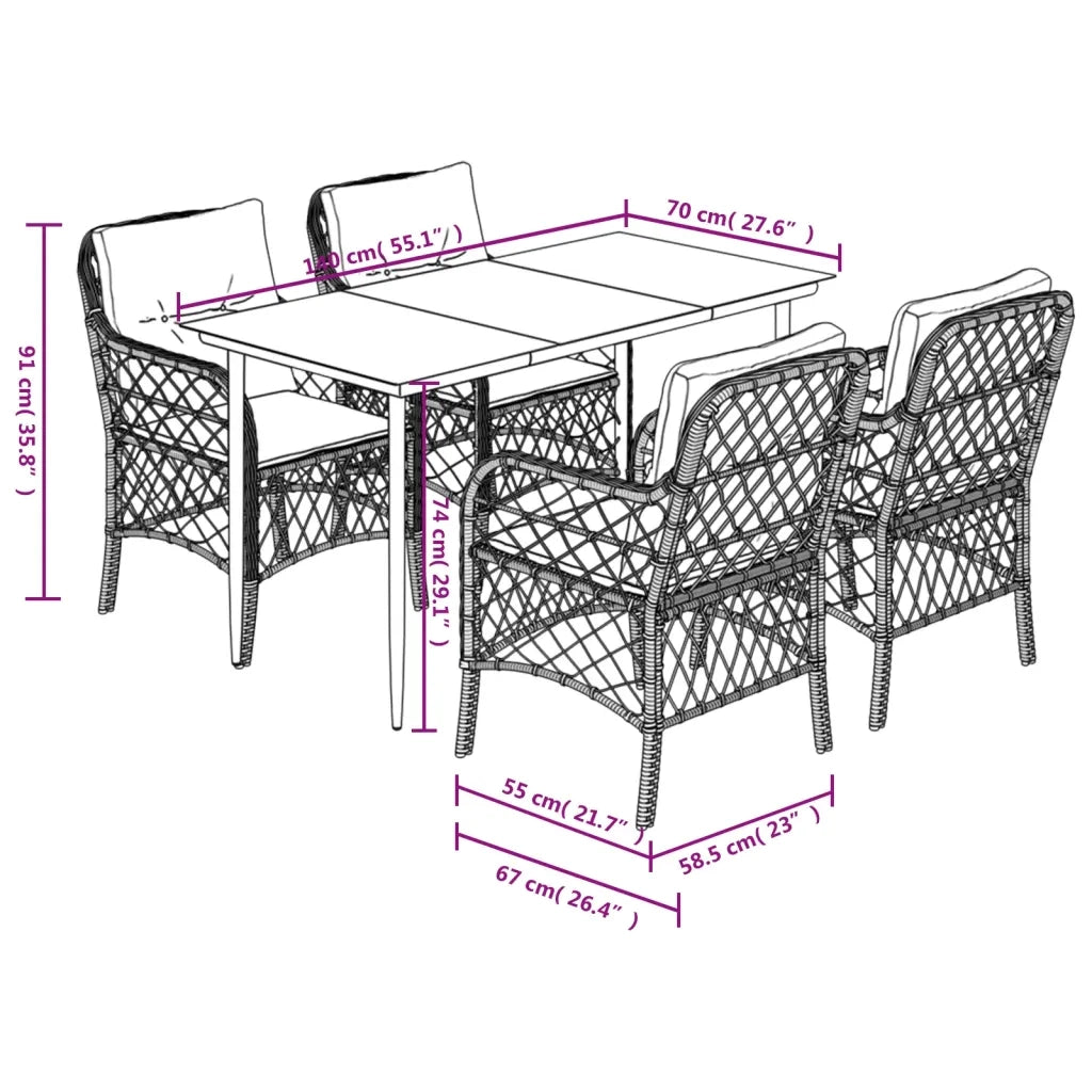 Set da Pranzo da Giardino 5pz con Cuscini in Polyrattan Marrone 3212112