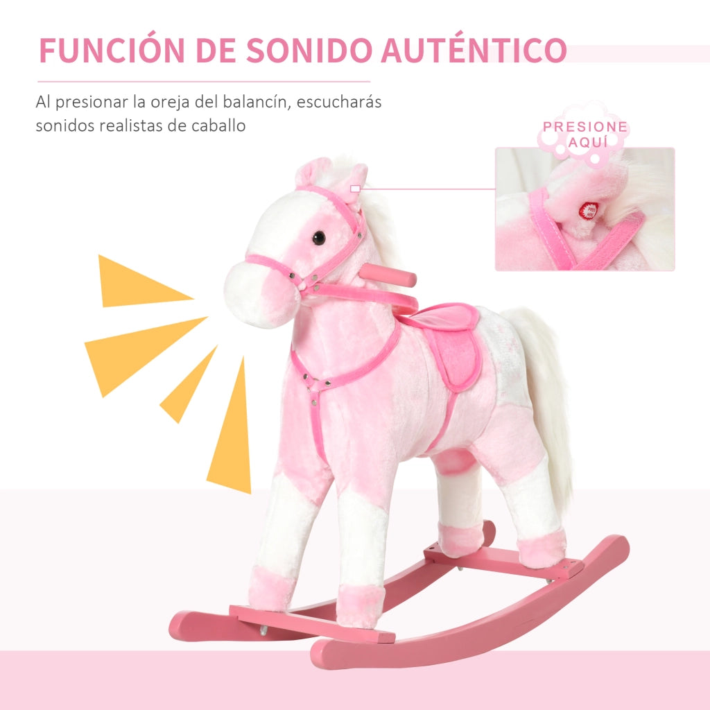 Cavallo a Dondolo Morbido per Bambini 3-6 Anni con Suono ¨C Minimal ¨C 74x28x65 cm Rosa