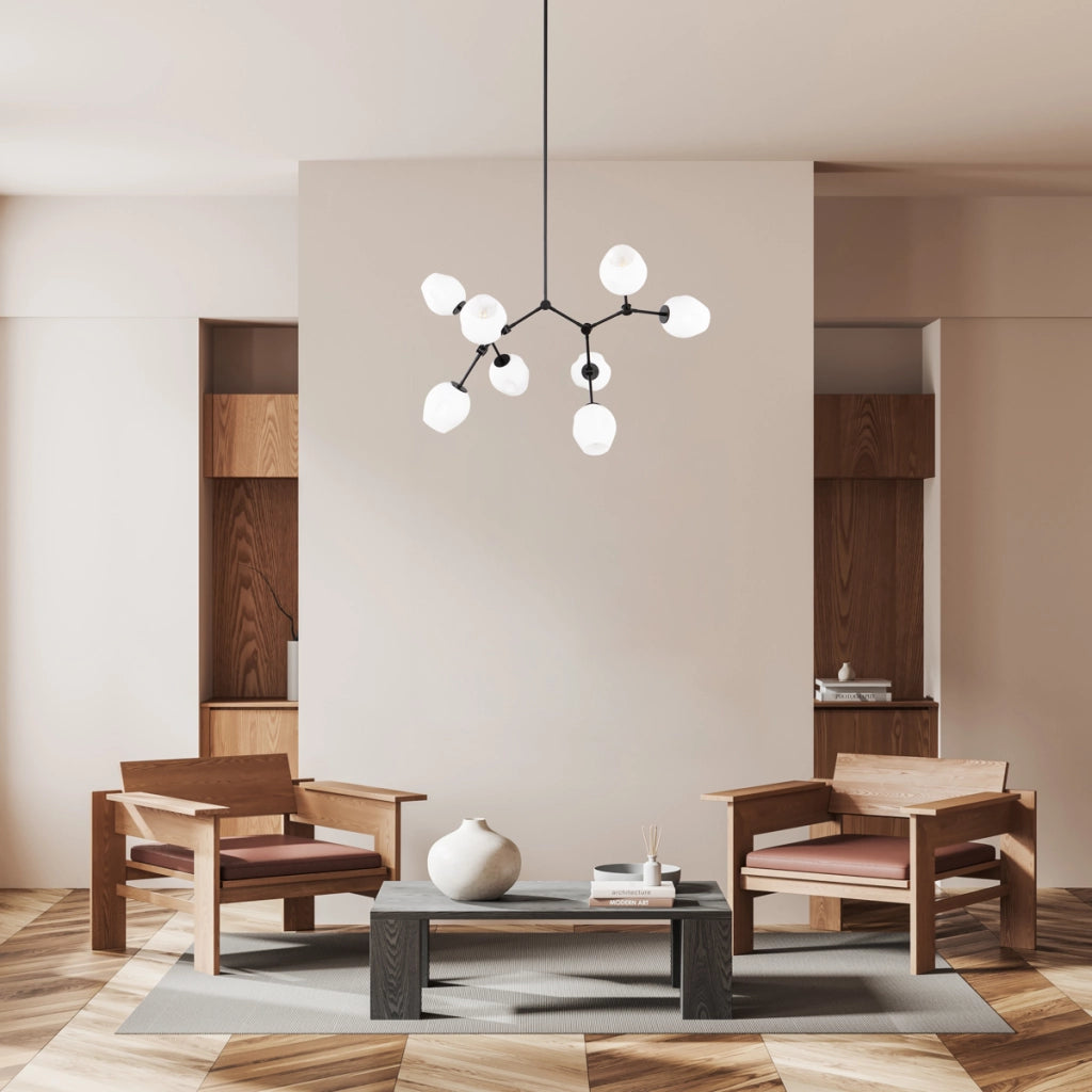 Sospensione moderna FERRAL nera con vetro bianco 8xE27
