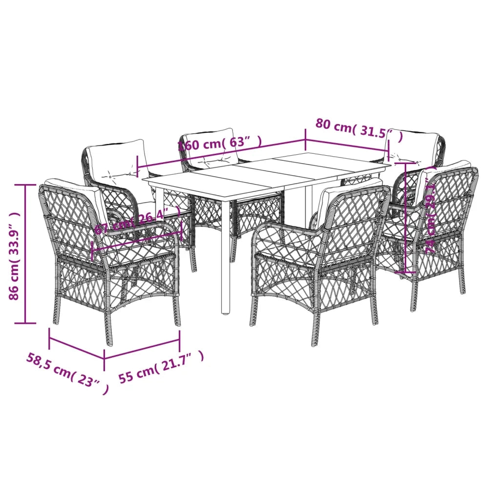 Set da Pranzo da Giardino 7 pz con Cuscini Beige in Polyrattan