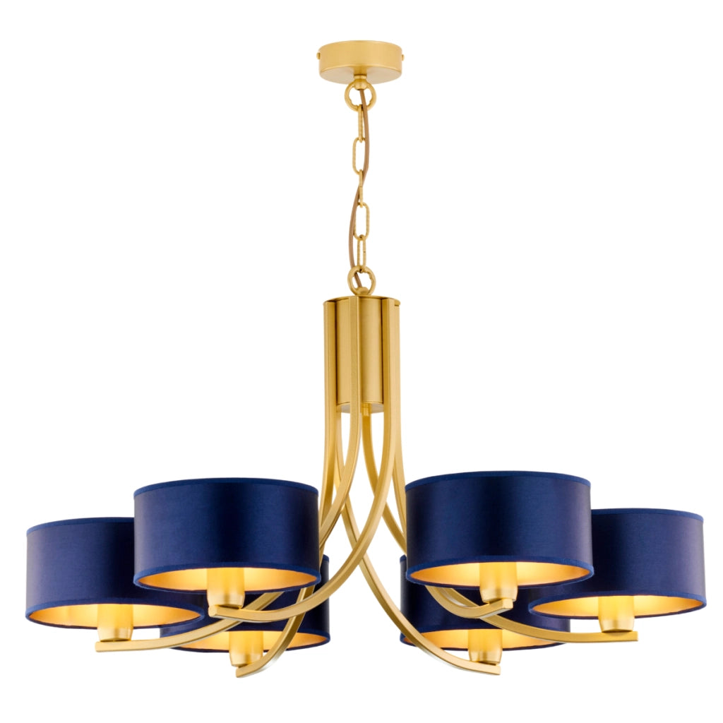 Lampadario oro a catena ARTHUR 6xE27 paralumi blu