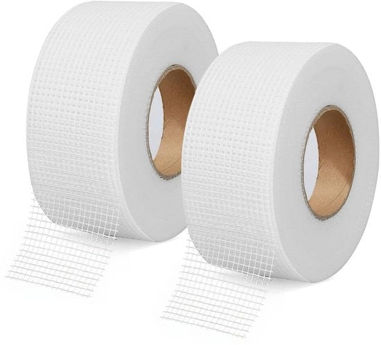 Tessuto di vetro autoadesivo, 2 pezzi nastro autoadesivo tessuto di vetro 5 cm x 80 m, nastro di tessuto di vetro per impermeabilizzazione, nastro a rete, strisce autoadesive per sigillatura, nastro di tessuto di vetro per riparazione di crepe e buchi