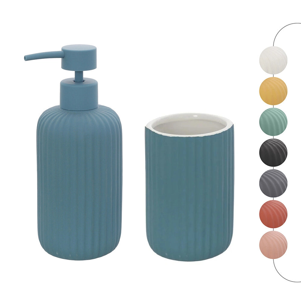 Set accessori bagno in ceramica blu con dispenser sapone e due portaspazzolini Spring