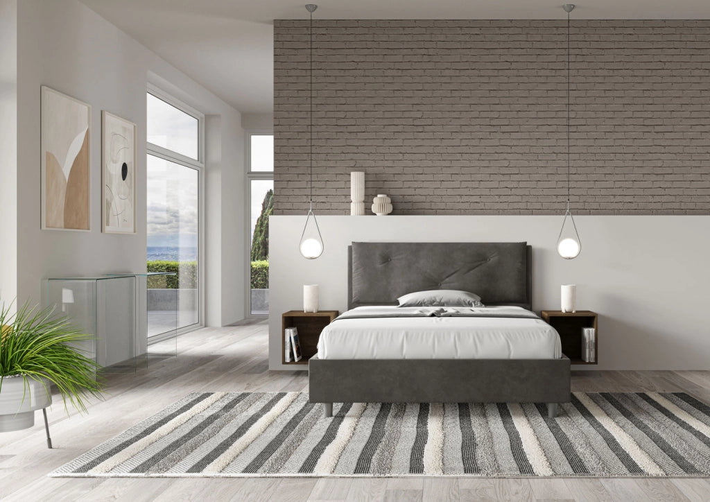 BS COM Letto matrimoniale francese con rete imbottito 140x200 microfibra grigio Large
