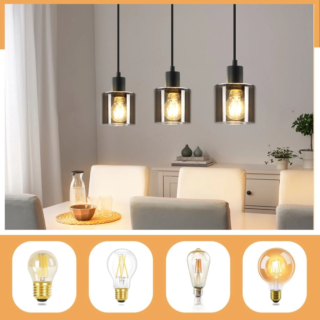 Lampada a Sospensione ZMH 3 luci vetro nero E27 vintage industriale retr¨° per soggiorno e sala da pranzo