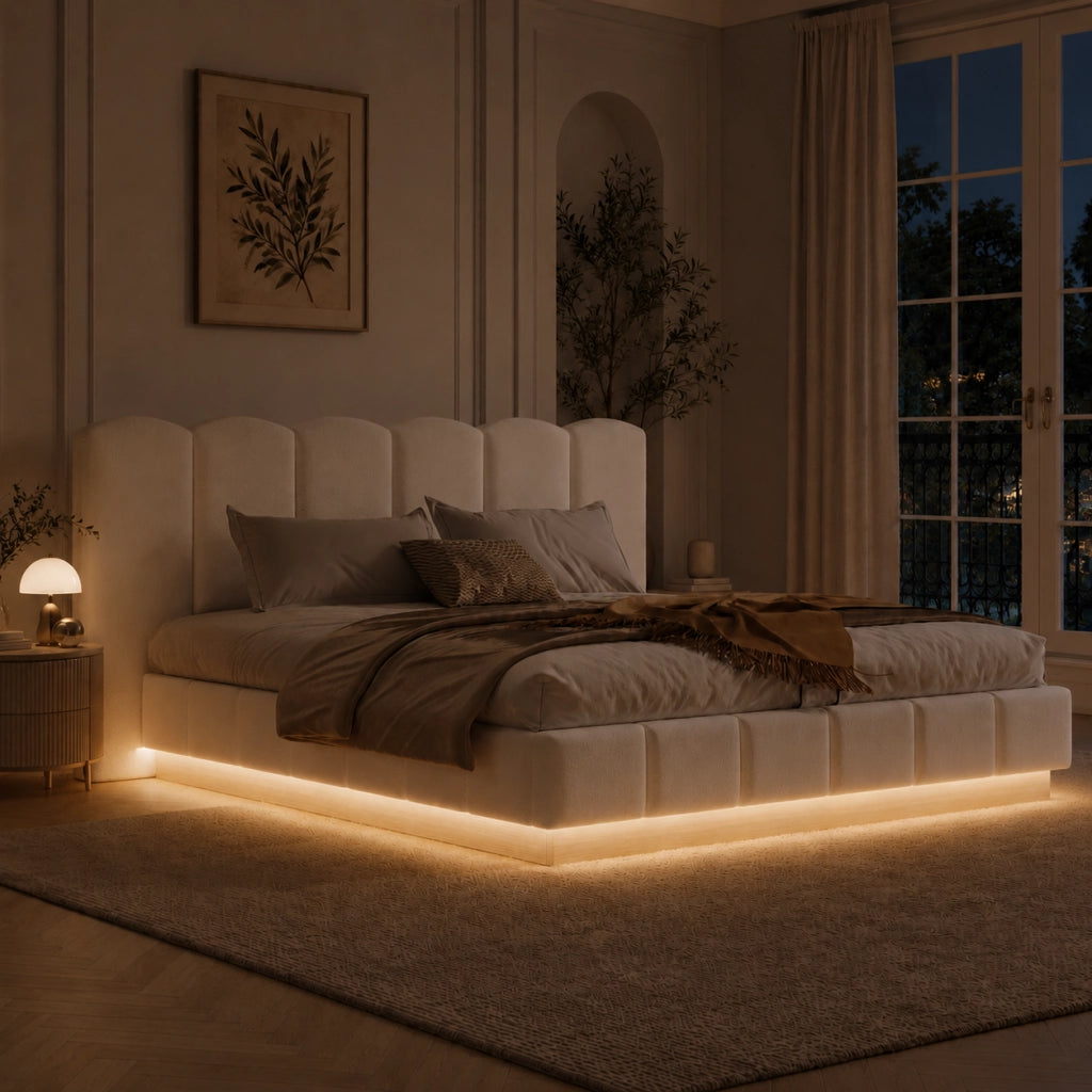 LETTO Contenitore 180x200 cm Bouclé Bianco con rete a doghe e LED