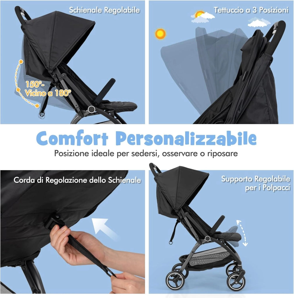 Passeggino Leggero per Bambini, Passeggino Pieghevole con Schienale Regolabile, Tettuccio, Cintura di Sicurezza a 5 Punti, Cestello Portaoggetti, per Bambini 0-36 Mesi (Nero)