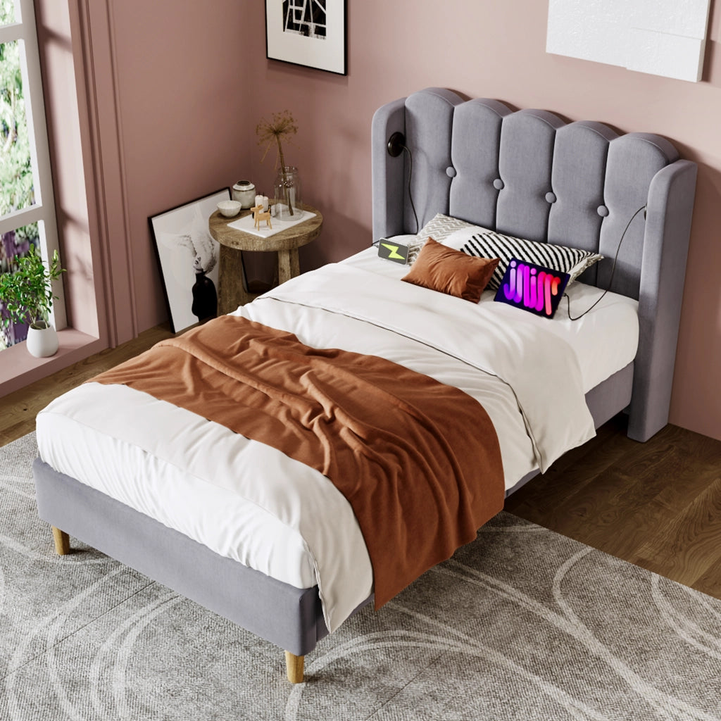 LETTO Imbottito 90x200 cm Grigio in lino con USB e USB-C