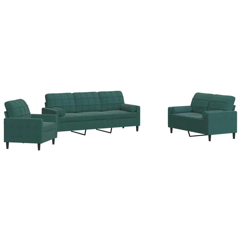Set di Divani 3 pz con Cuscini e Rinforzi Verde scuro Velluto 3278373