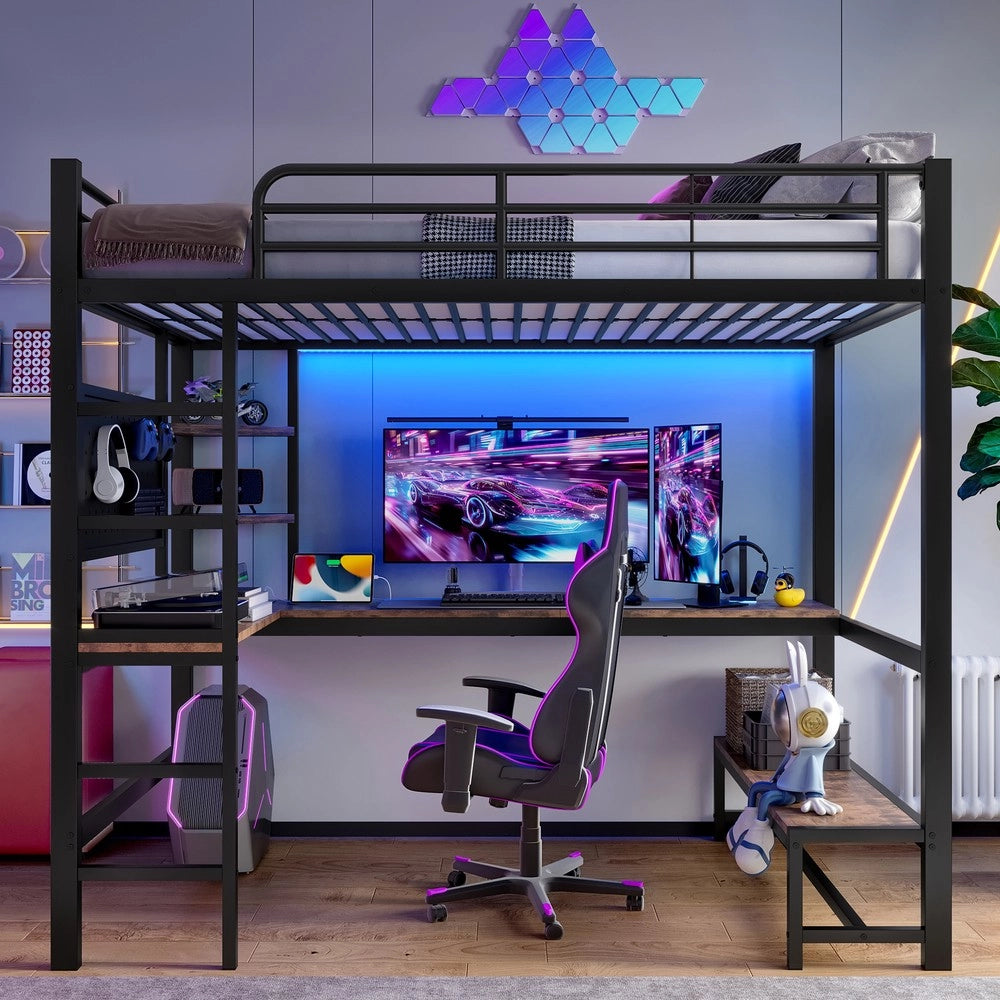 Letto a Soppalco con Scrivania e LED ¨C MINIMAL ¨C Nero, 90x200, con USB e Rete a Doghe