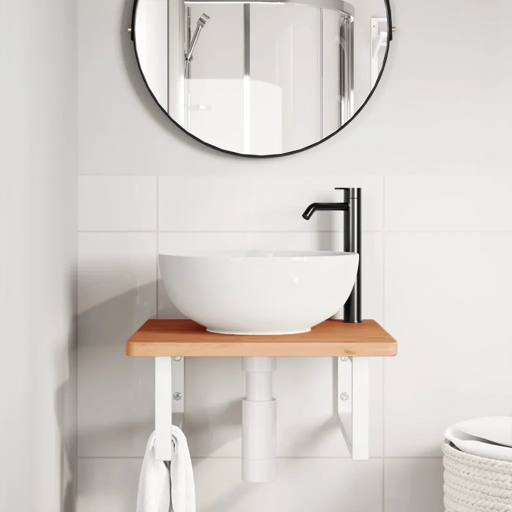 Ripiano a Parete per Lavabo in Acciaio e Massello di Faggio