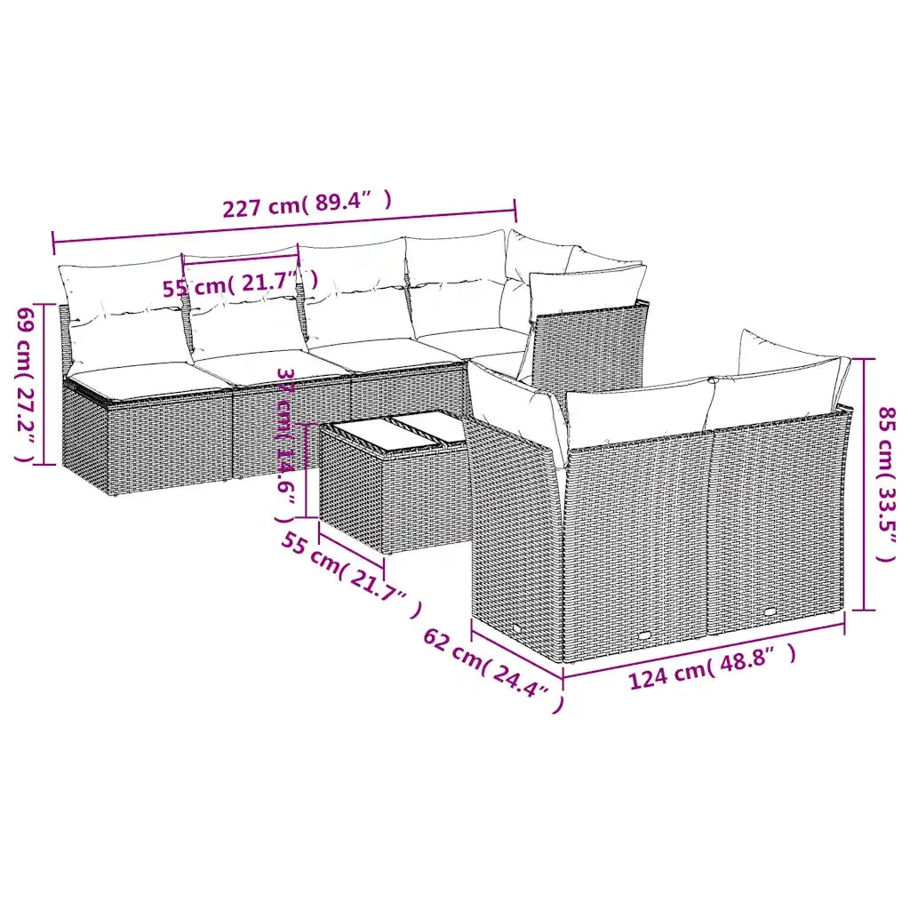 Set Divani da Giardino 8 pz con Cuscini Marrone in Polyrattan 3217303