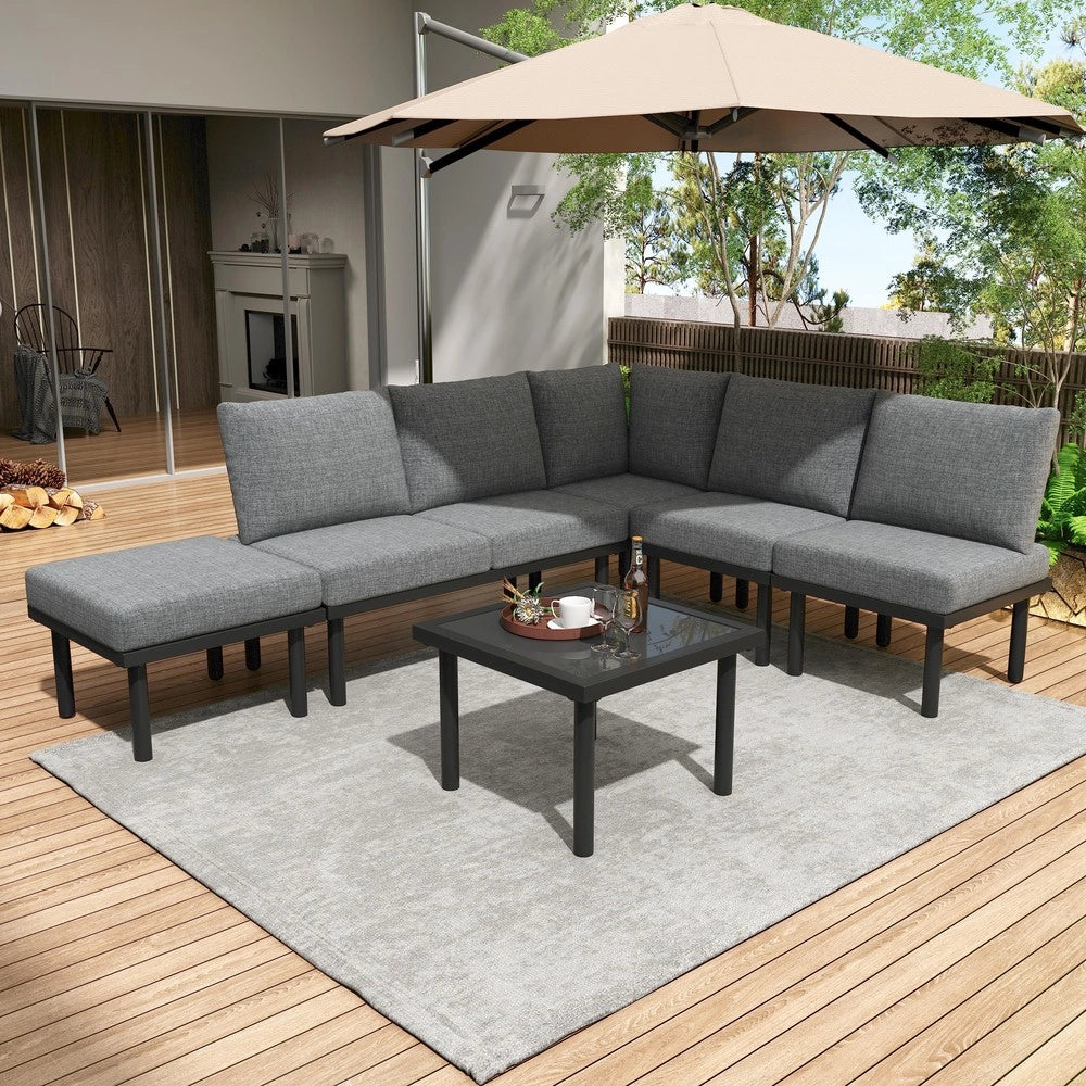 Set da giardino con cornice in ferro zincato - Zephmum- 6 posti, corda grigia, piedi regolabili, tavolo in vetro