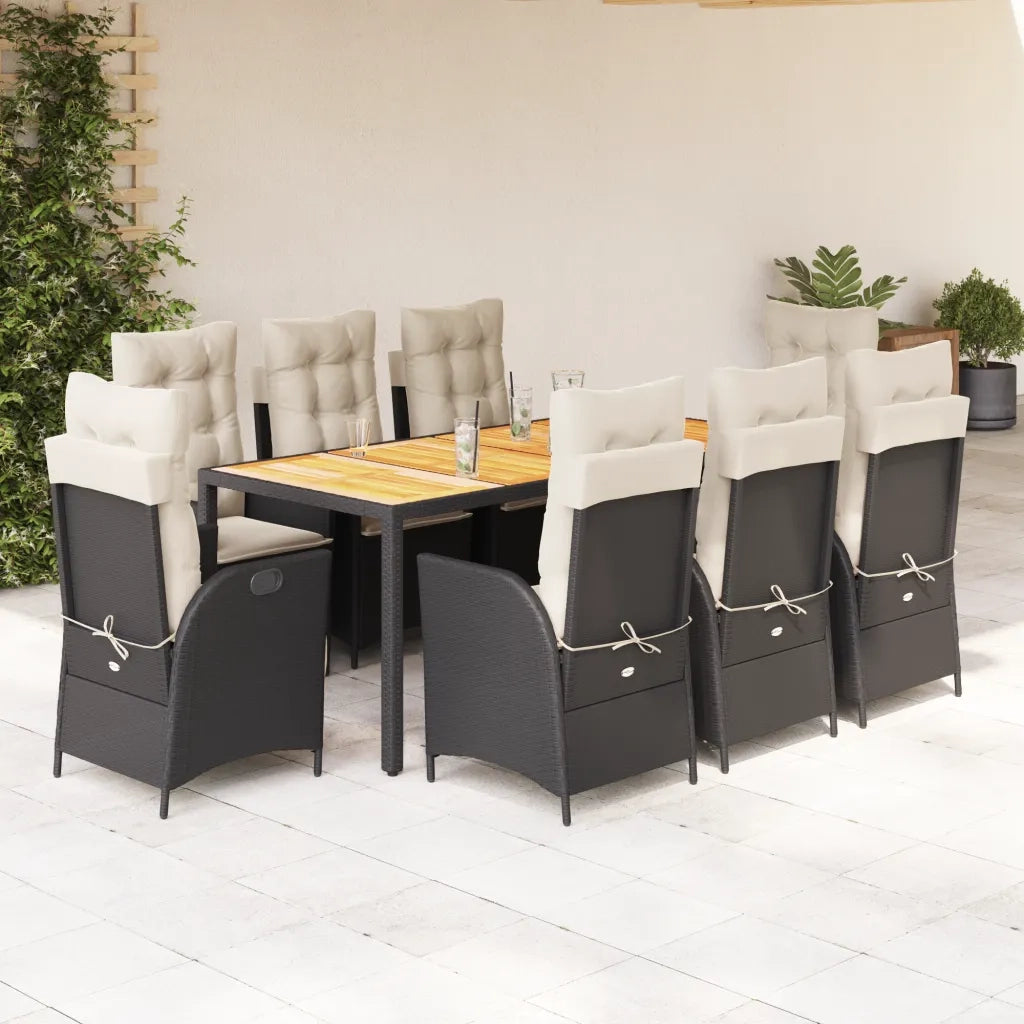 Set da Pranzo da Giardino 9 pz con Cuscini Nero in Polyrattan 3213092