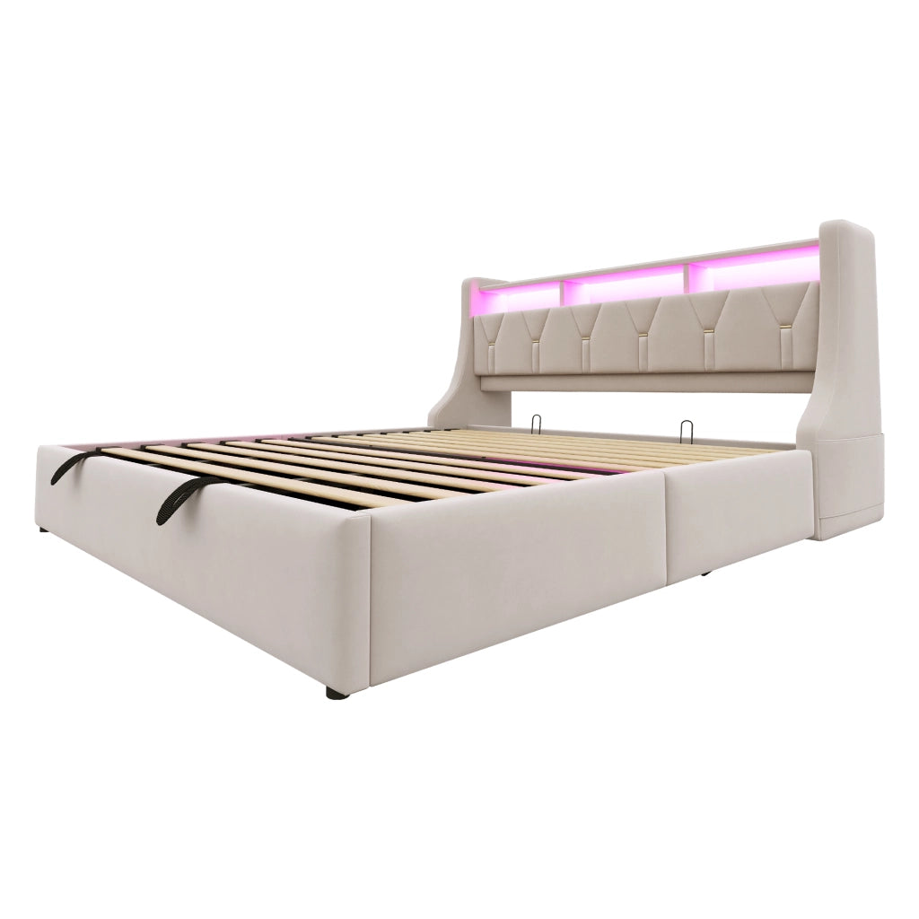 LETTO Contenitore 180x200 cm in velluto beige con LED, prese USB e Type-C