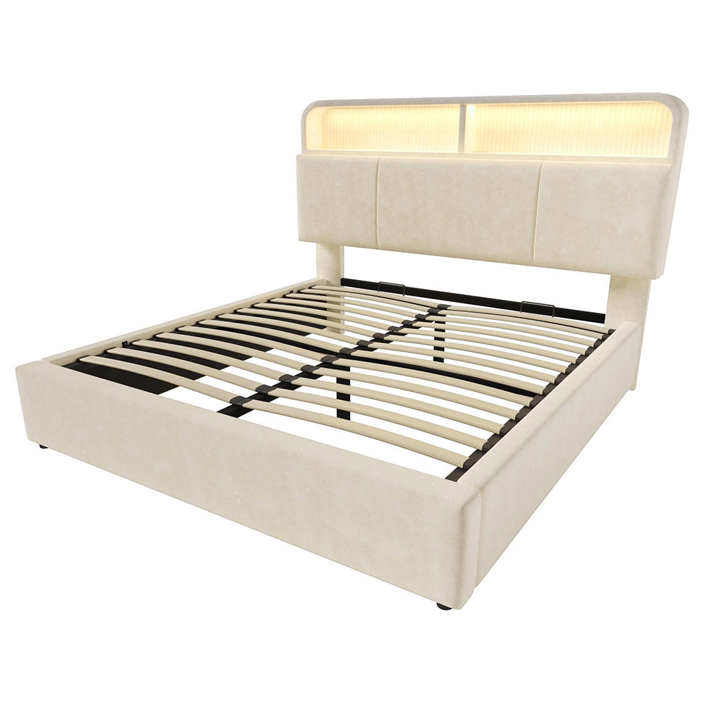 Letto 140x200cm?- Xylo - idraulico LED USB velluto beige