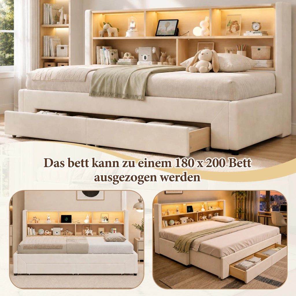 LETTO Estraibile 90x200 cm Velluto Beige con cassetti, USB e LED