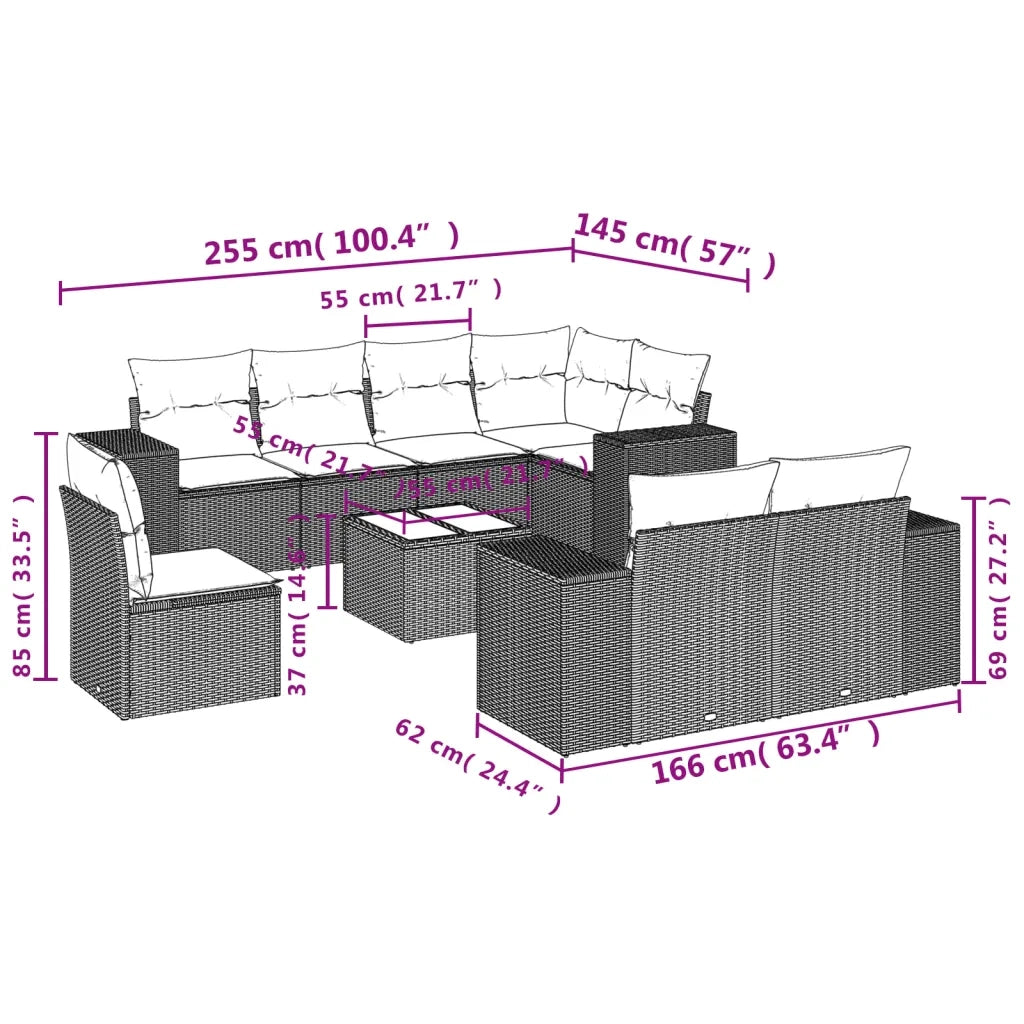 Set Divano da Giardino 9 pz con Cuscini Grigio in Polyrattan 3222849