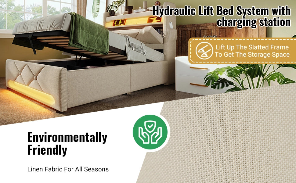 Letto Contenitore Matrimoniale Imbottito con LED e USB ¨C MINIMAL ¨C Beige 160x200