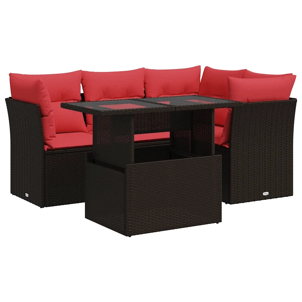 Set Divano da Giardino 5 pz Cuscini Marrone Polyrattan e Acacia 3326155