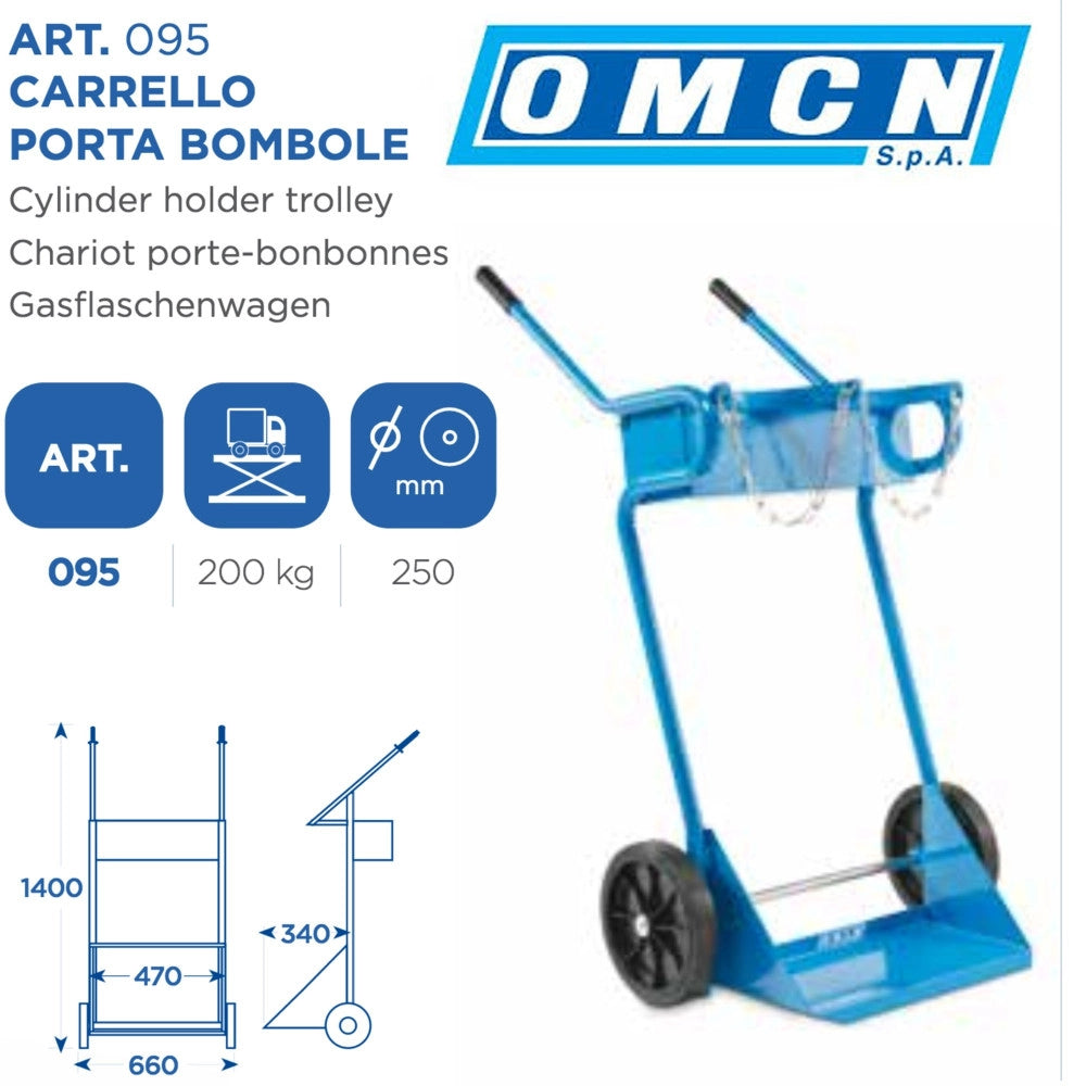 Trade Shop - Carrello Porta Bombole Omcn 095 Portata 200 Kg Con Ruote Da 250 Mm Altezza 140cm -