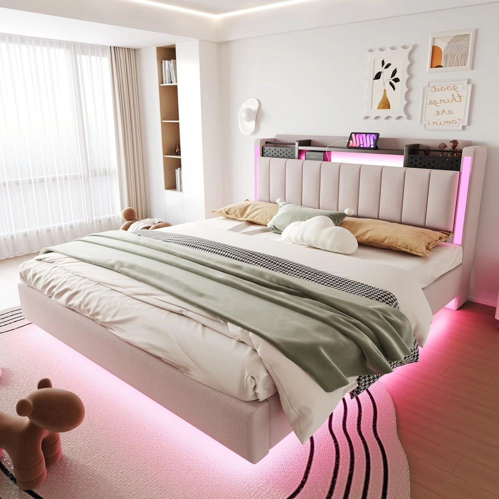 Letto Imbottito Matrimoniale con LED e USB ¨C MINIMAL ¨C Testiera con Contenitore, Tessuto, Beige, 160x200