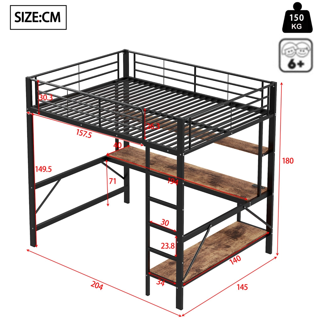 OKWISH Letto a soppalco 140×200 cm, Letto Matrimoniale con Scrivania, Mensole, LED Regolabile, USB e Presa, senza Materasso, in Metallo, Nero
