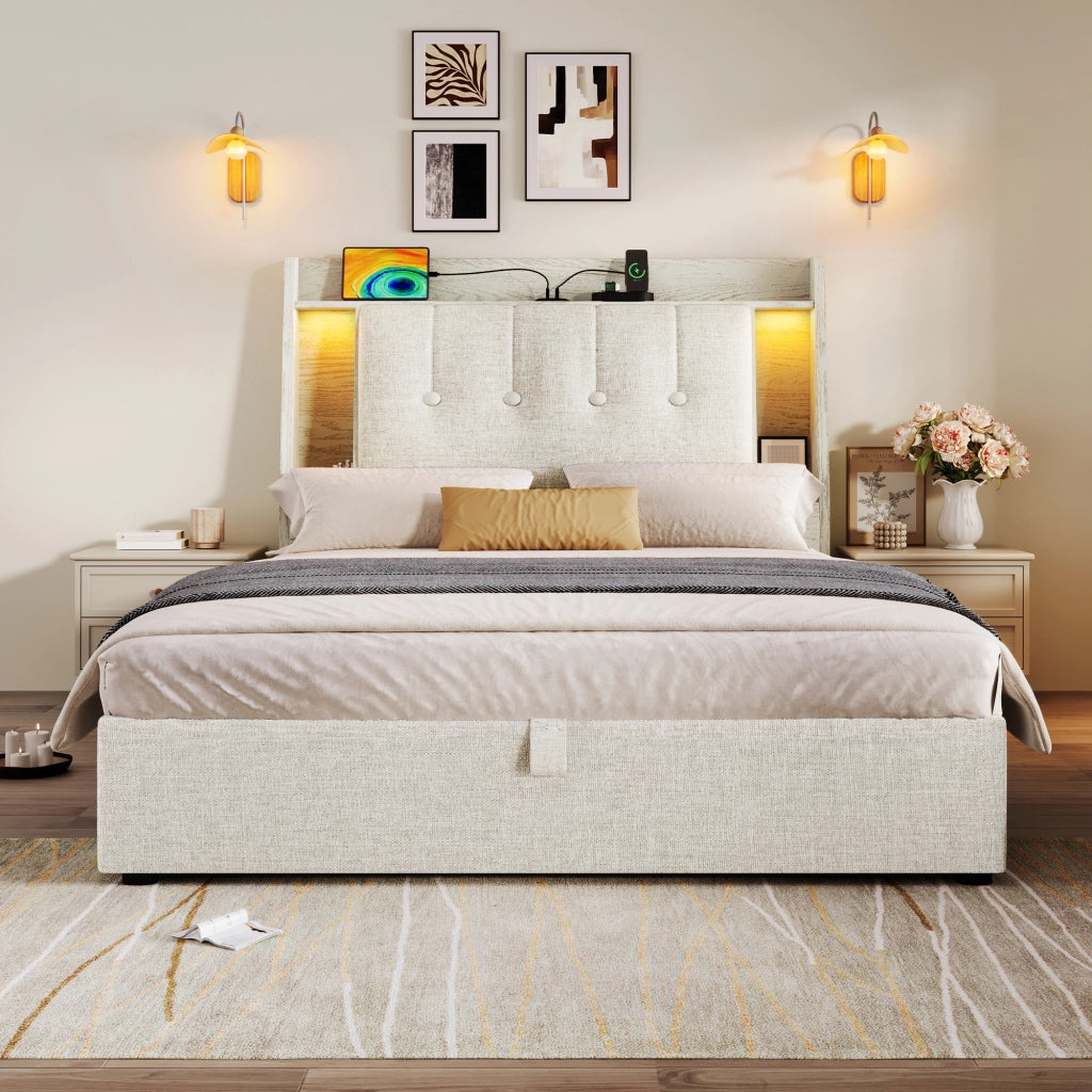 LETTO imbottito 90x200 cm Beige in lino e MDF con USB, LED e vano contenitore
