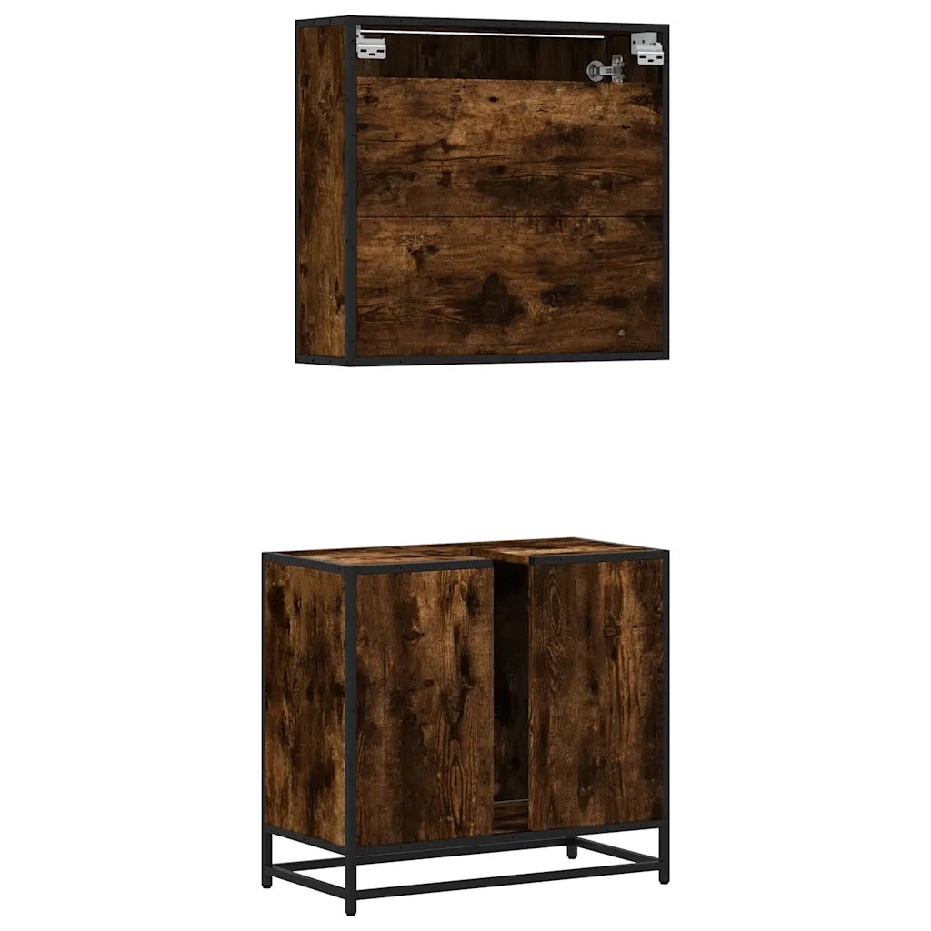 Set Mobili da Bagno | Armadio da bagno 2 pz Rovere Fumo in Legno Multistrato