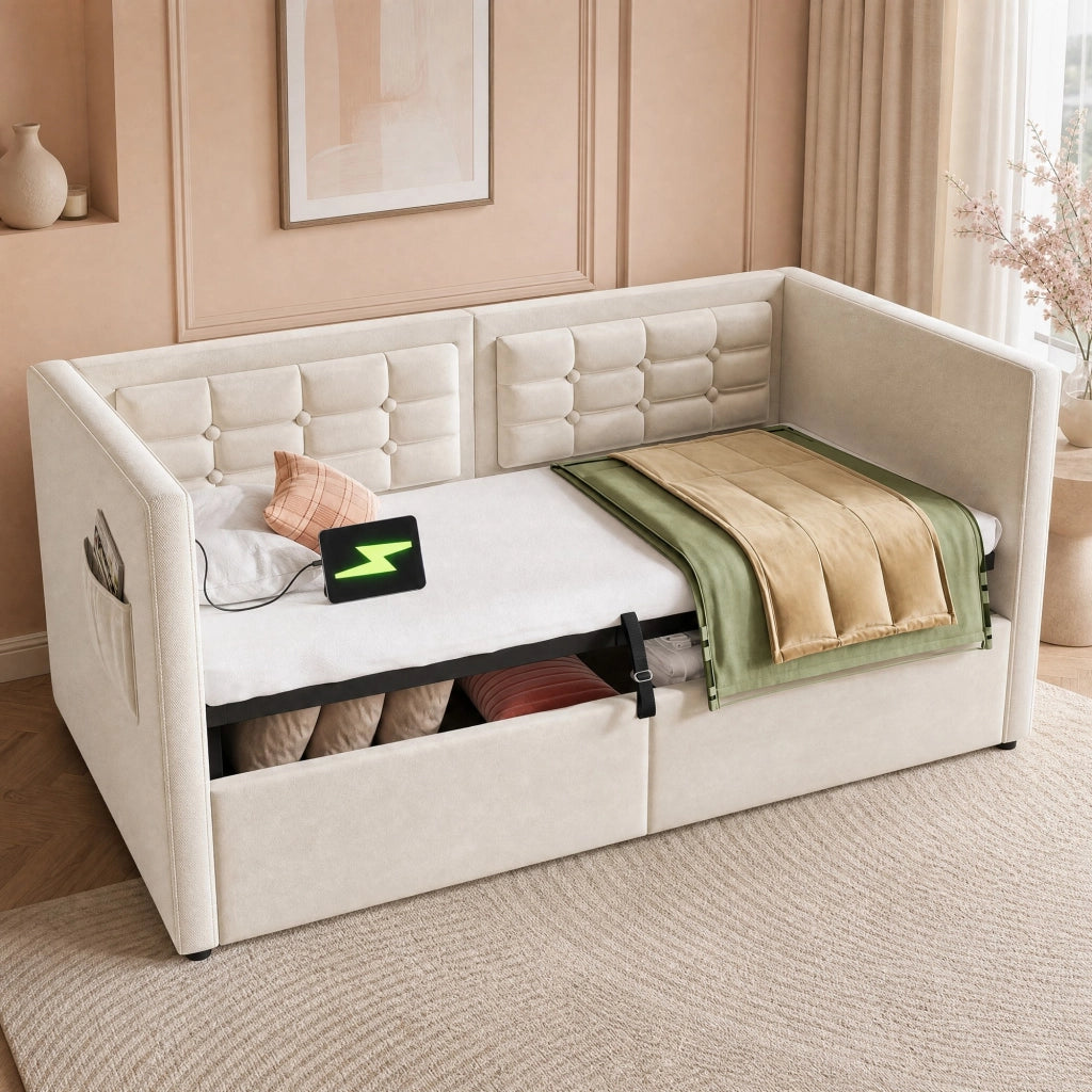DIVANO LETTO 90x200 cm con vano contenitore, USB e Type-C Beige in velluto