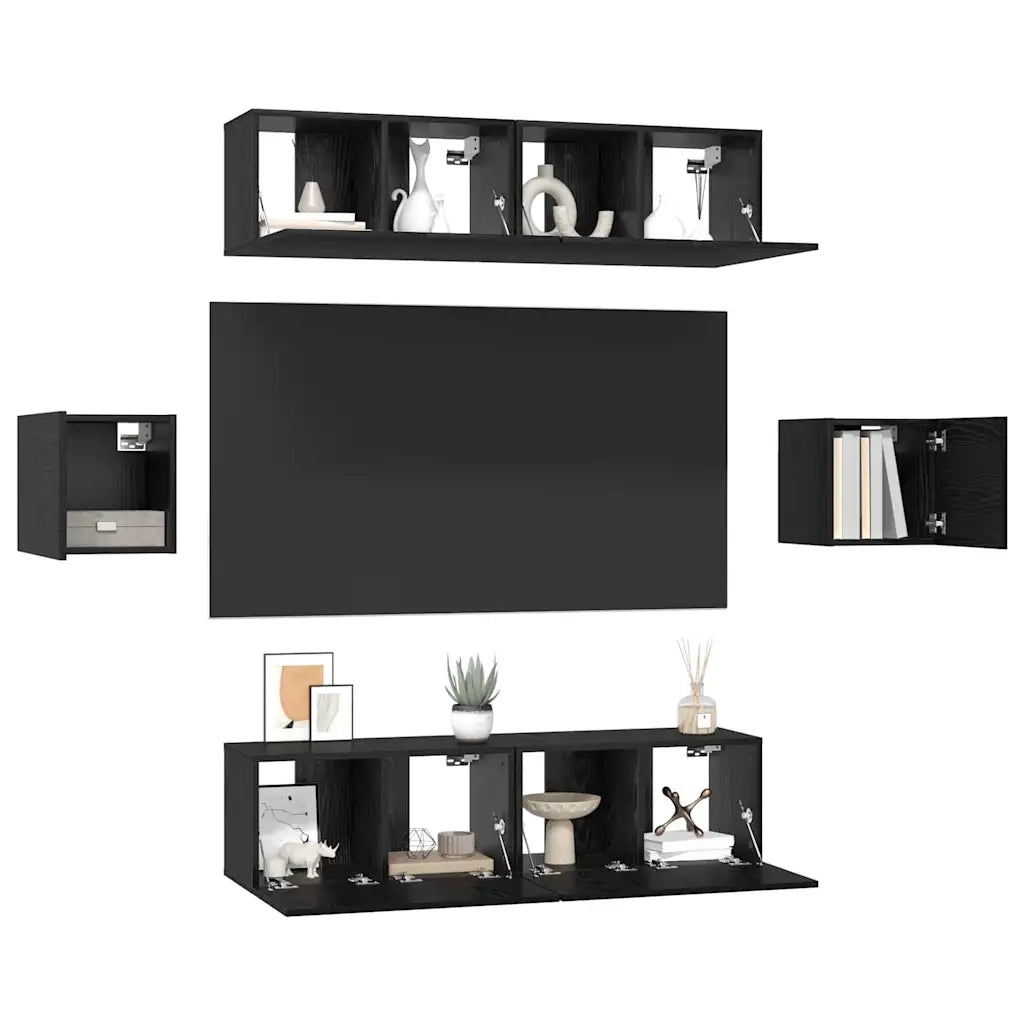 Set mobile TV 6 pz-Credenza per TV Rovere Nero Legno multistrato 203049