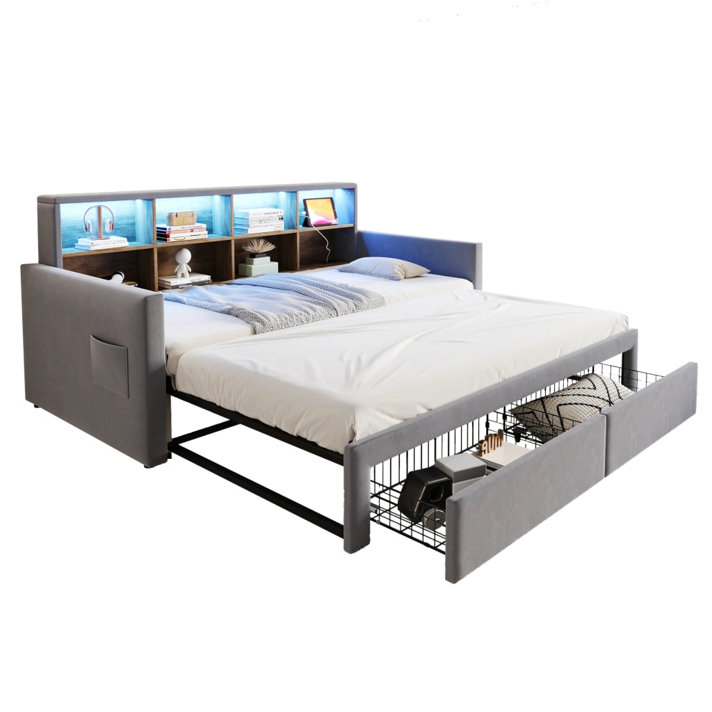 Letto imbottito in velluto grigio chiaro con illuminazione a LED e porta USB 90x190 cm