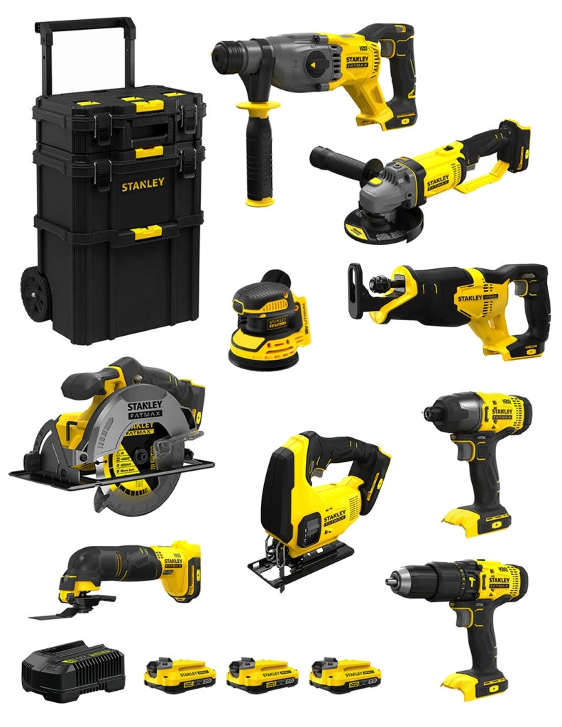 STANLEY FatMax Kit SVK900 (SFMCH900+SFMCG400+SFMCD711+SFMCF800+SFMCS500 +SFMCS600+SFMCW220+SFMCS300+SFMCE500+ 3 x 2,0Ah + Caddy)