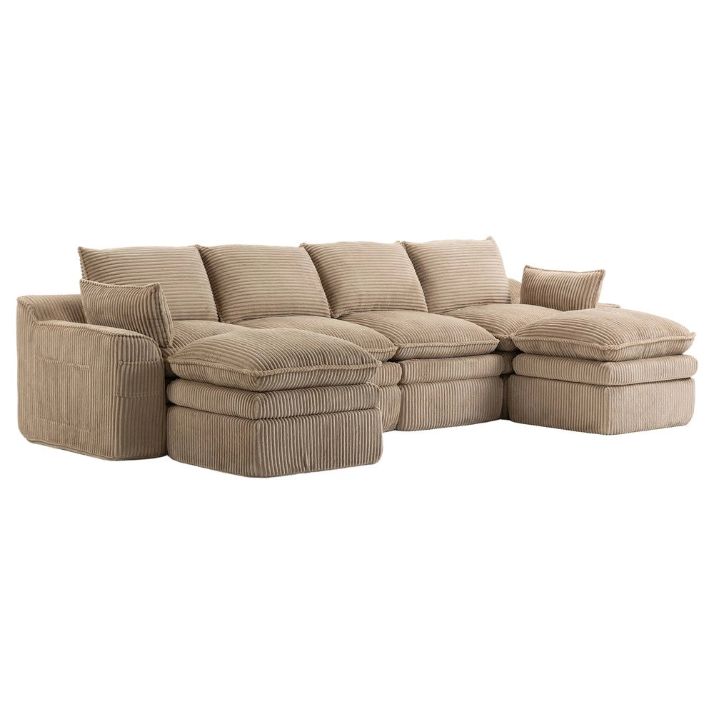 Divano modulare 4 posti con sgabelli - Zephmum- Tessuto cord, cuscini, tasche laterali