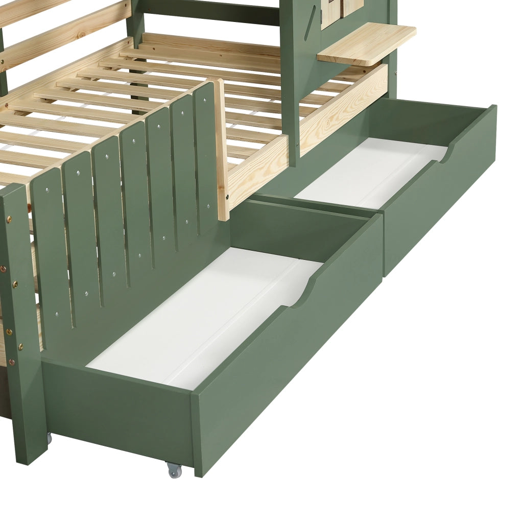 LETTO A CASetta 90x200 cm Verde e Naturale con 2 Cassetti