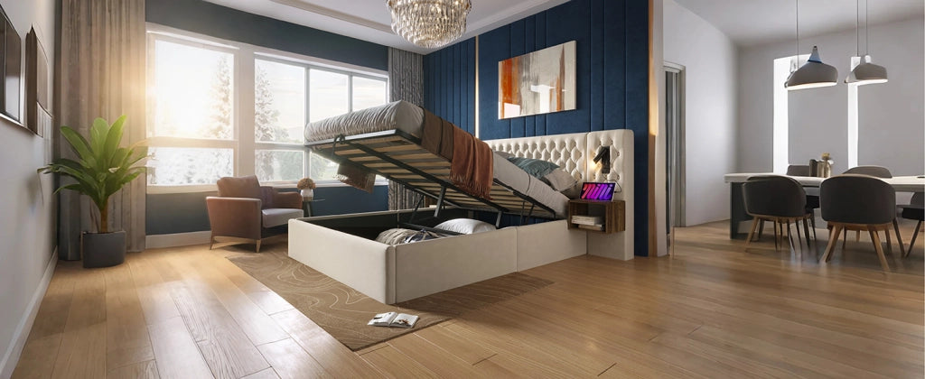 Letto imbottito 180x200 cm in velluto beige con 2 comodini, contenitore idraulico e luce da lettura USB