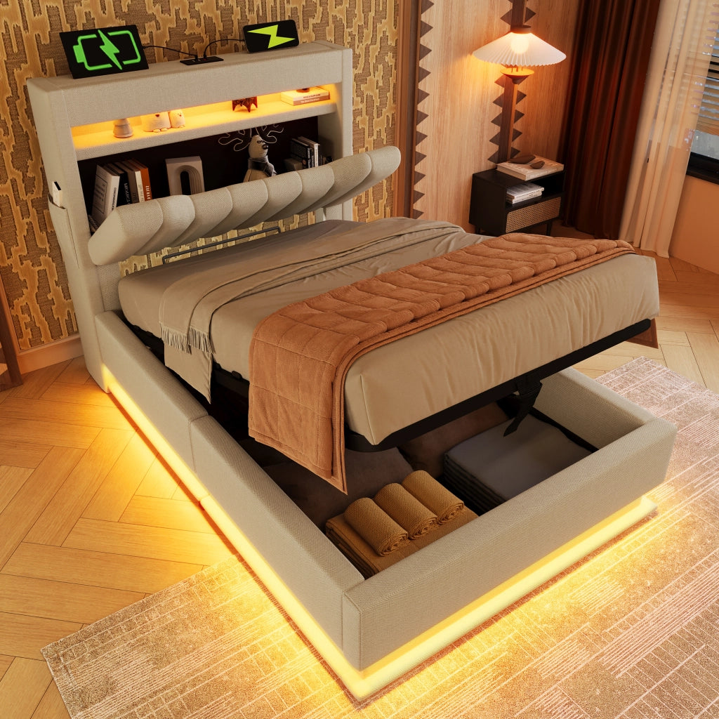 LETTO 90x200 cm Beige in Lino con LED e USB, con materasso incluso