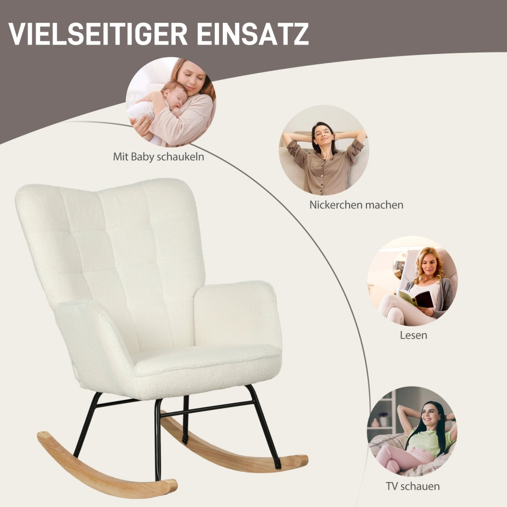 Poltrona dondolo con braccioli ¨C Xylo ¨C tessuto bianco, gambe legno