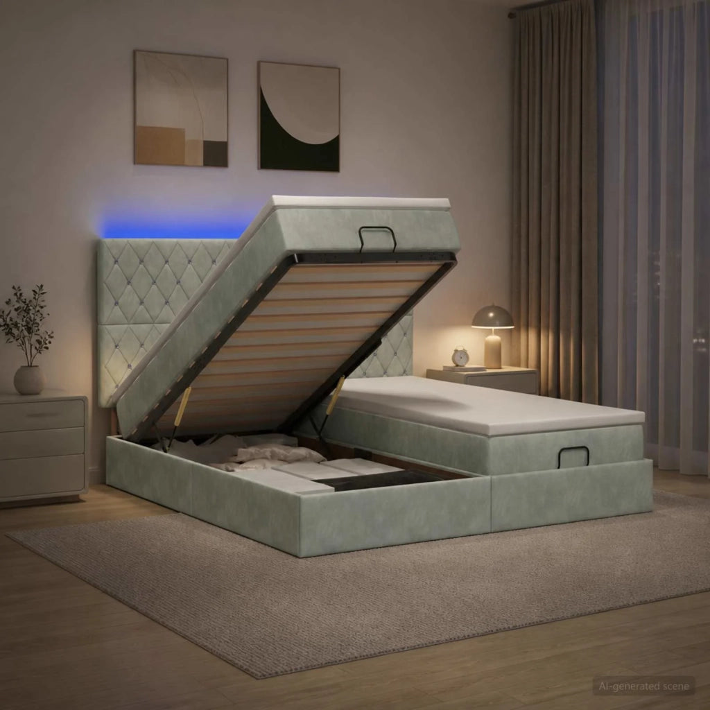 Letto Ottomano con Materasso e LED Grigio Chiaro 200 x 200 cm 3458484