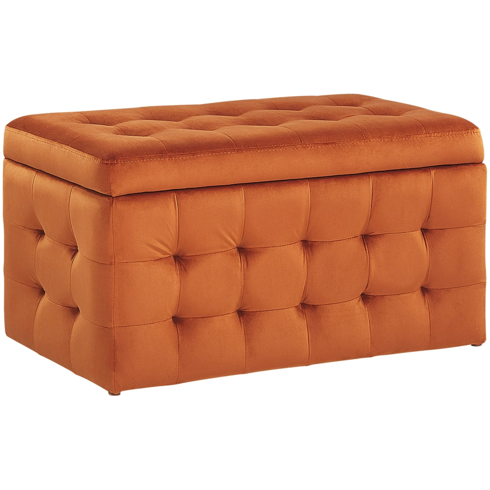 Pouf Cassapanca Imbottito in Velluto Arancione Stile Chesterfield