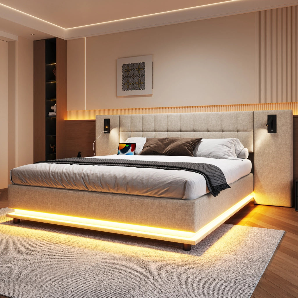 LETTO imbottito 180x200 cm Beige in lino con LED, USB e spot
